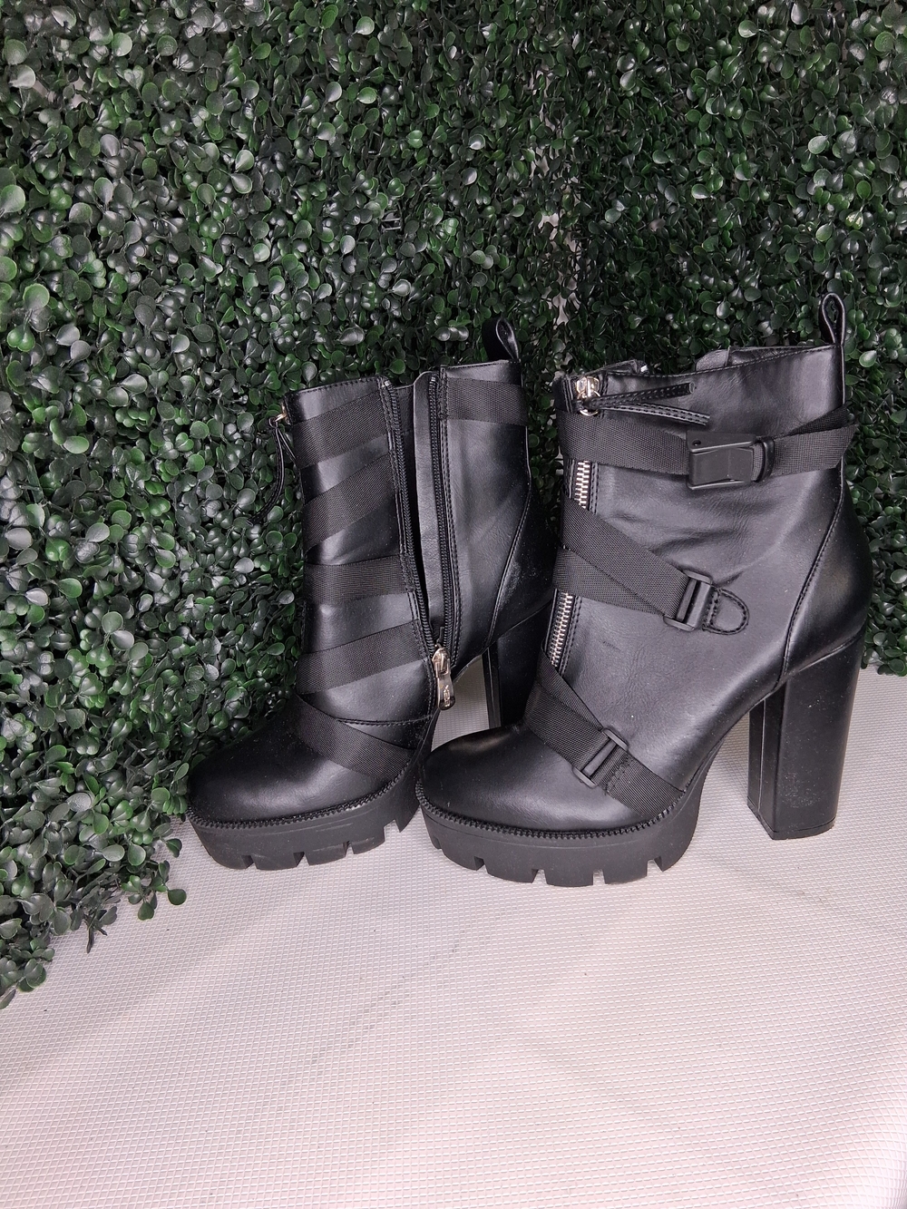 Women's Black Strappy Lug Heel Ankle Boots